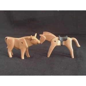 Vintage Geobra Playmobil Horse Figure W/Saddle And Brown Bull Lot of 2
